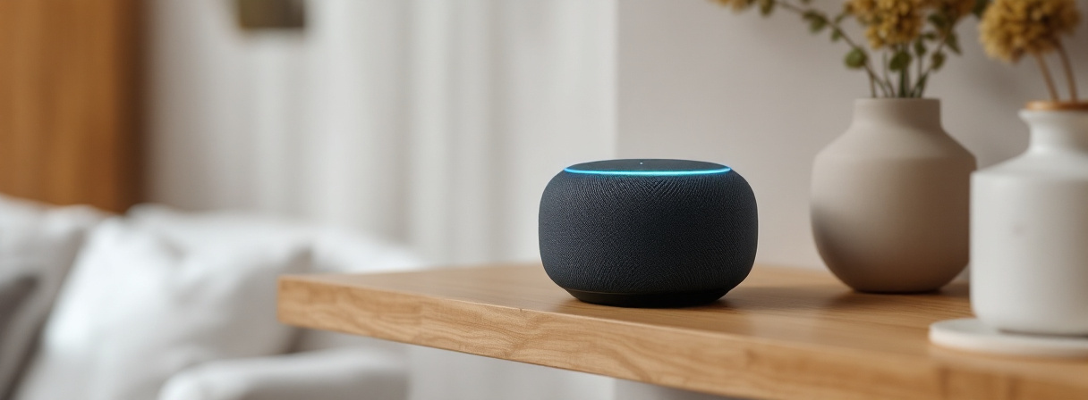 Runder dunkler Smart Speaker mit schwach leuchtendem Ring auf einem Holzregal im Wohnzimmer