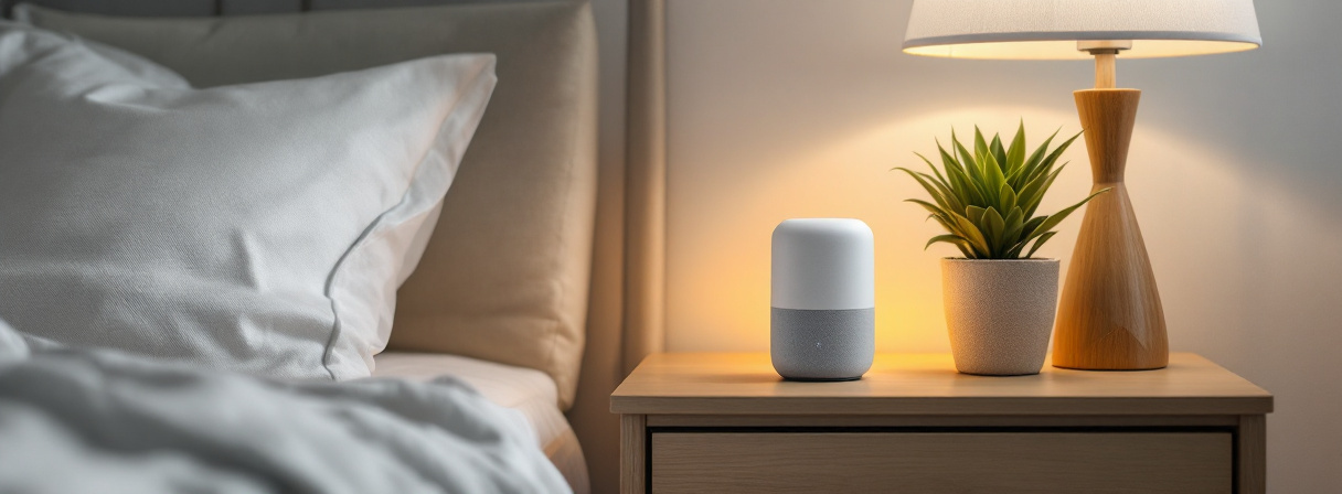 Heller Smart Speaker auf einem Nachttisch neben Lampe und Zimmerpflanze