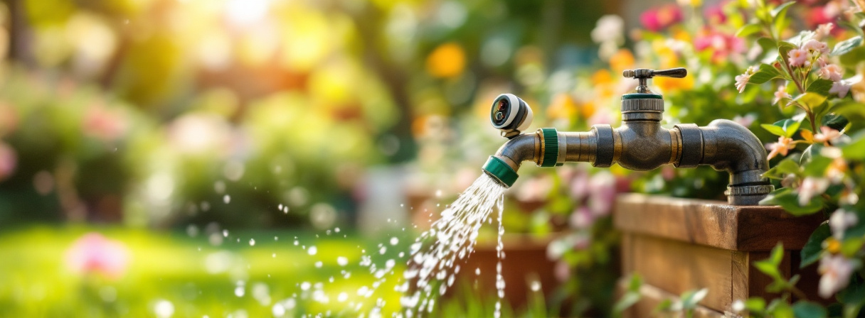 Metallener Wasserhahn im sonnigen Garten, aus dem Wasser spritzt, vor blühenden Beeten