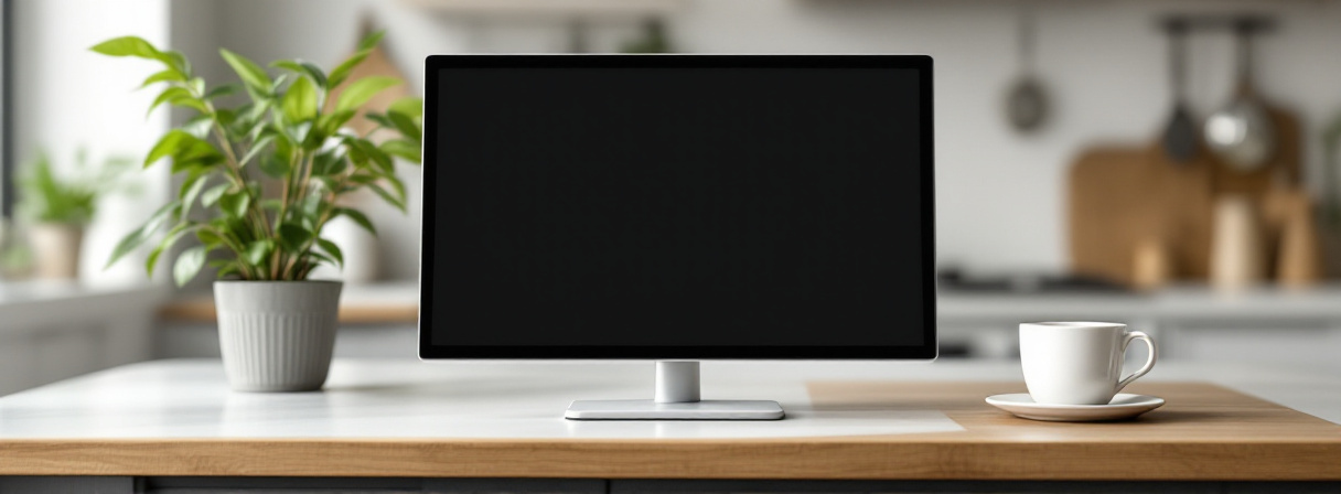 Smart-Display mit ausgeschaltetem Bildschirm auf einer Küchenarbeitsplatte neben Zimmerpflanze und Tasse