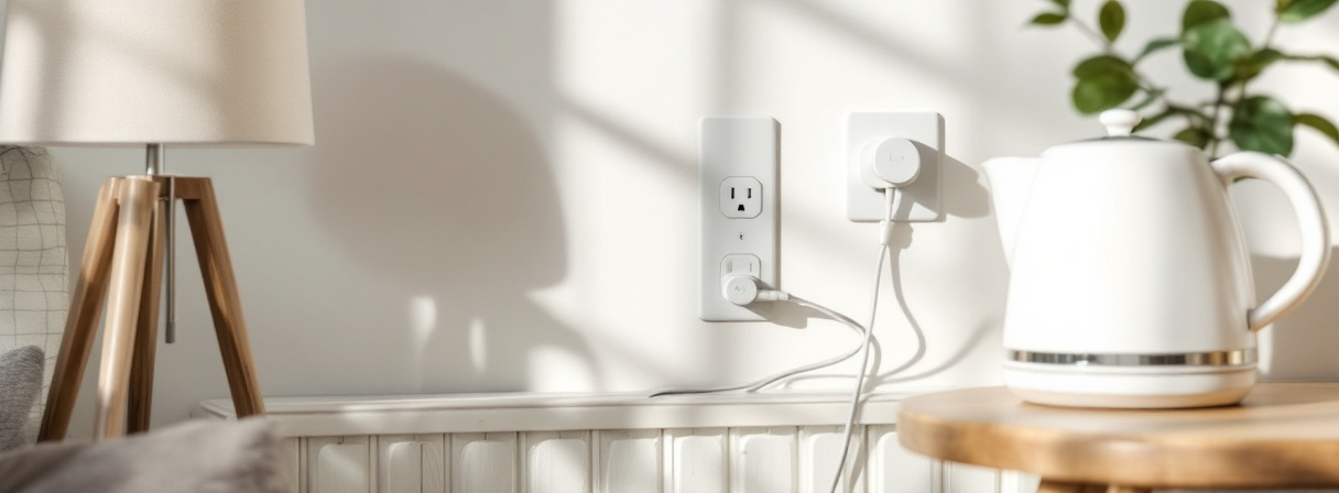 Weiße Steckdosen-Adapter in einer Wandsteckdose neben Stehlampe und weißem Wasserkocher