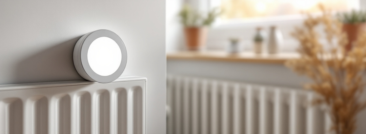 Rundes weißes Gerät mit leuchtender Fläche an der Wand über einem weißen Heizkörper in einem hellen Wohnzimmer