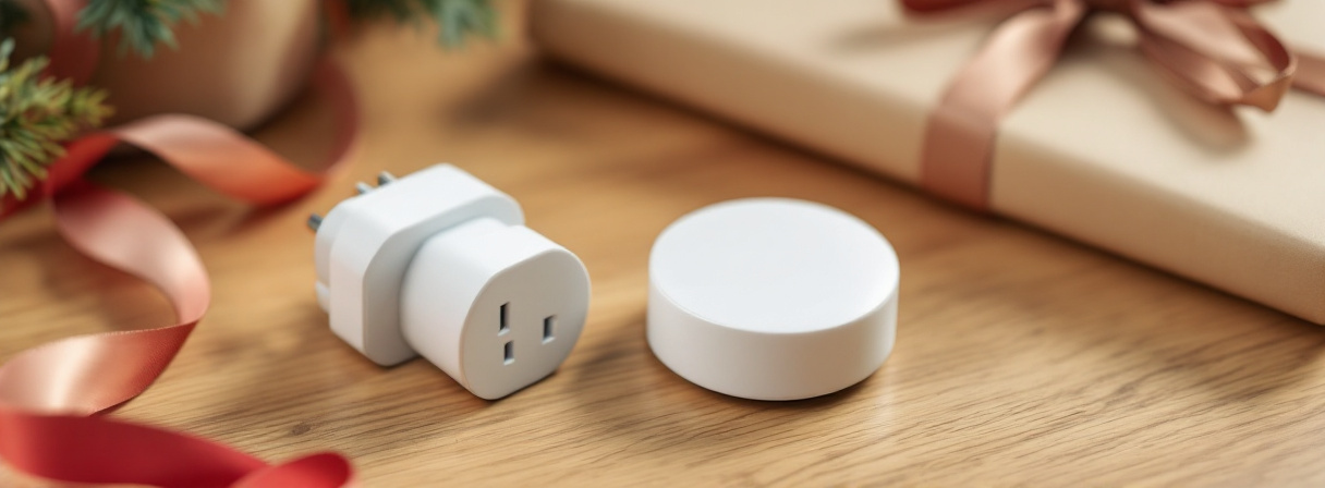 Weiße Smart-Steckdose und rundes Thermostat neben Geschenkband auf einem Holztisch