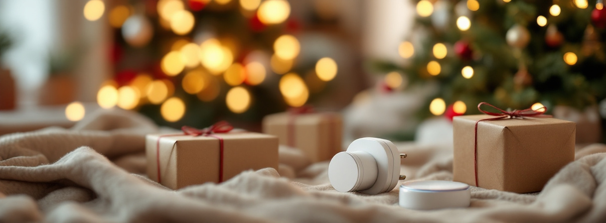 Verpackte Geschenke und weiße Smart-Home-Geräte vor einem Weihnachtsbaum